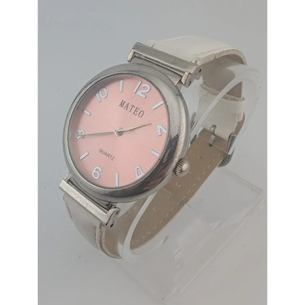 Mateo Watch Women 38mm Case Pink Dial White Leather Band- New‎ Battery